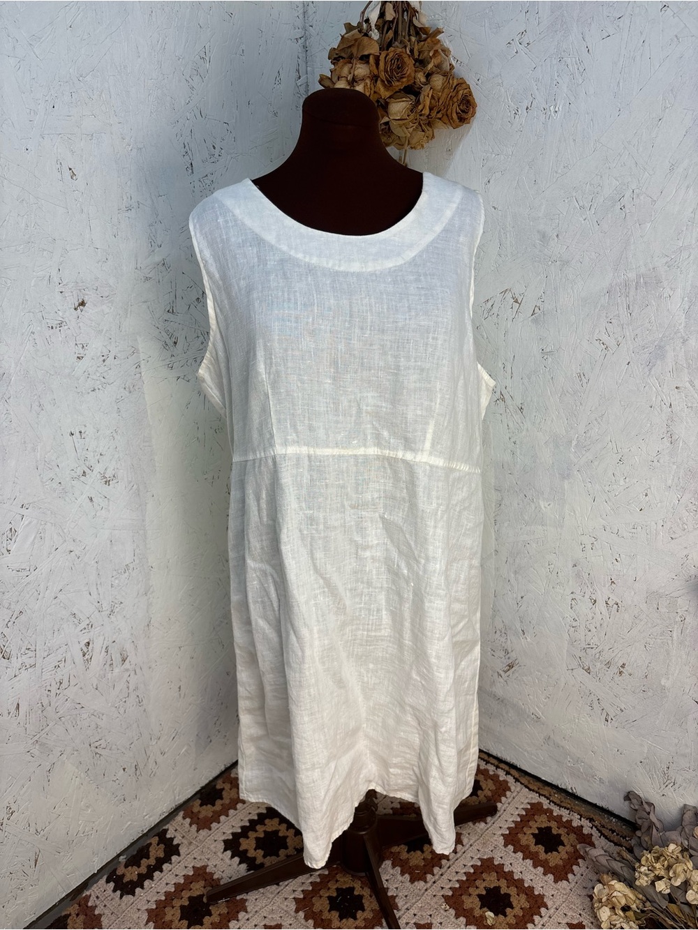 FLAX Button Down Back Off White Linen Minimalist Midi Dress Size Large